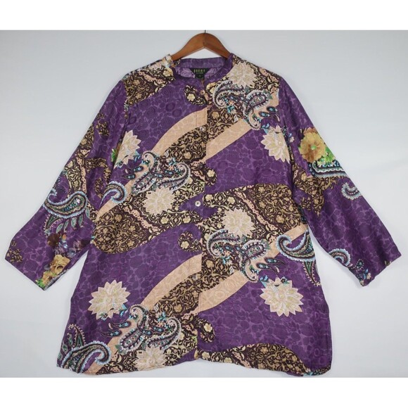 Poeme Citron Silk Blend Tunic Top 2X Purple Paisley Floral Asian Art To Wear - Picture 1 of 9